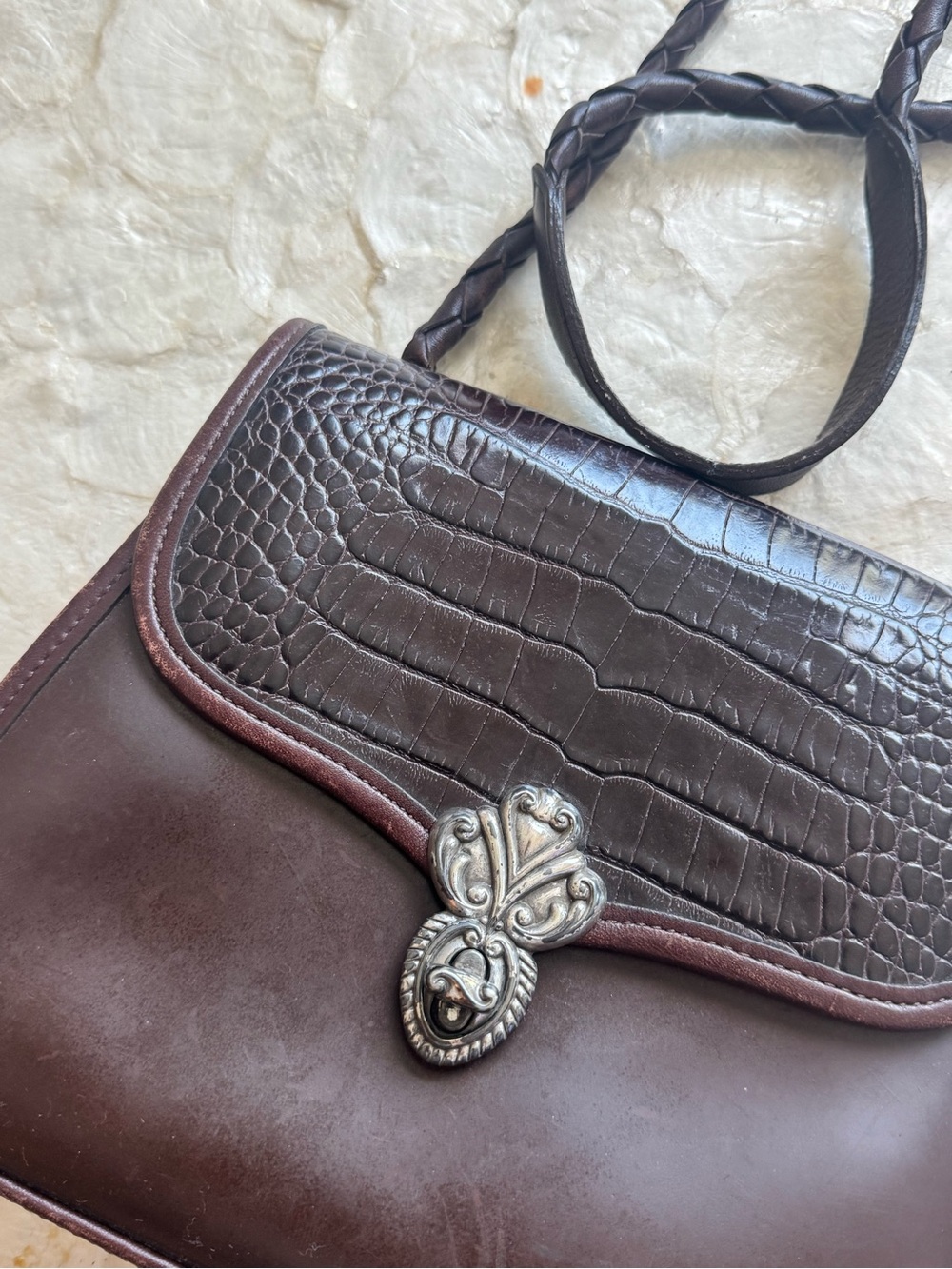 Vintage Brighton Leather Dark Brown Croc-Embossed Bag with Silver-Tone Clasp